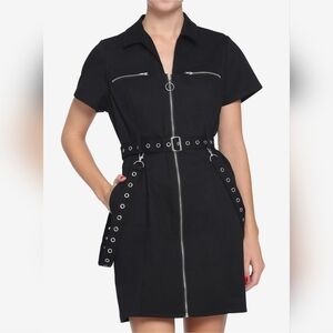 Hot Topic Punk Goth Black Silver Grommet Strap Bondage Zip Front Dress S XS NWT